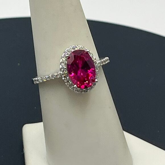 SW 925 CZ Sterling Silver Lab Created Red Ruby and CZ Halo ring Sz 7.5 - Picture 1 of 10